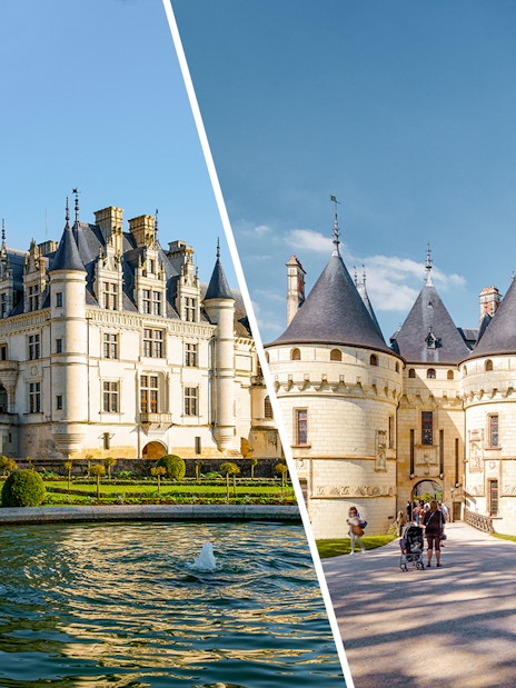 Chenonceau and Chambord castles with gardens and visitors in Loire Valley, France.