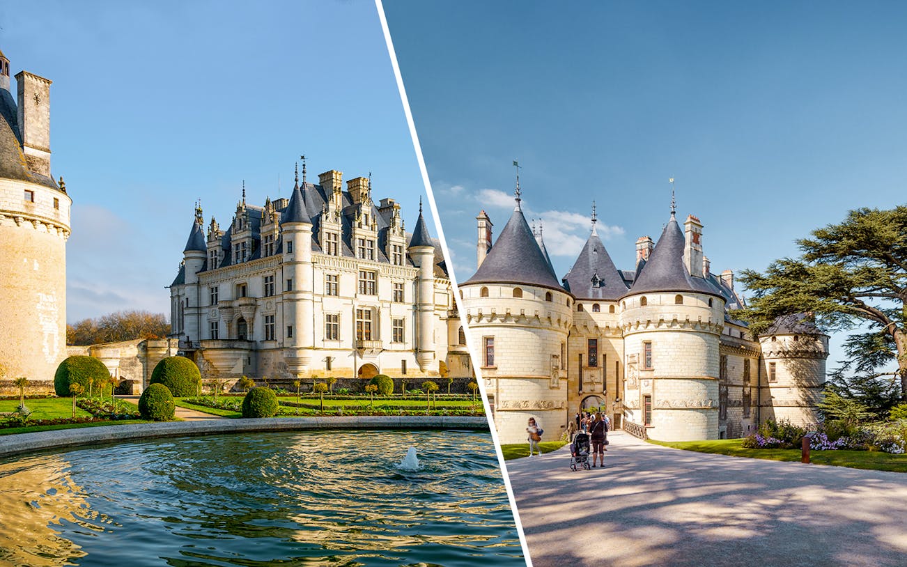 Chenonceau and Chambord castles with gardens and visitors in Loire Valley, France.