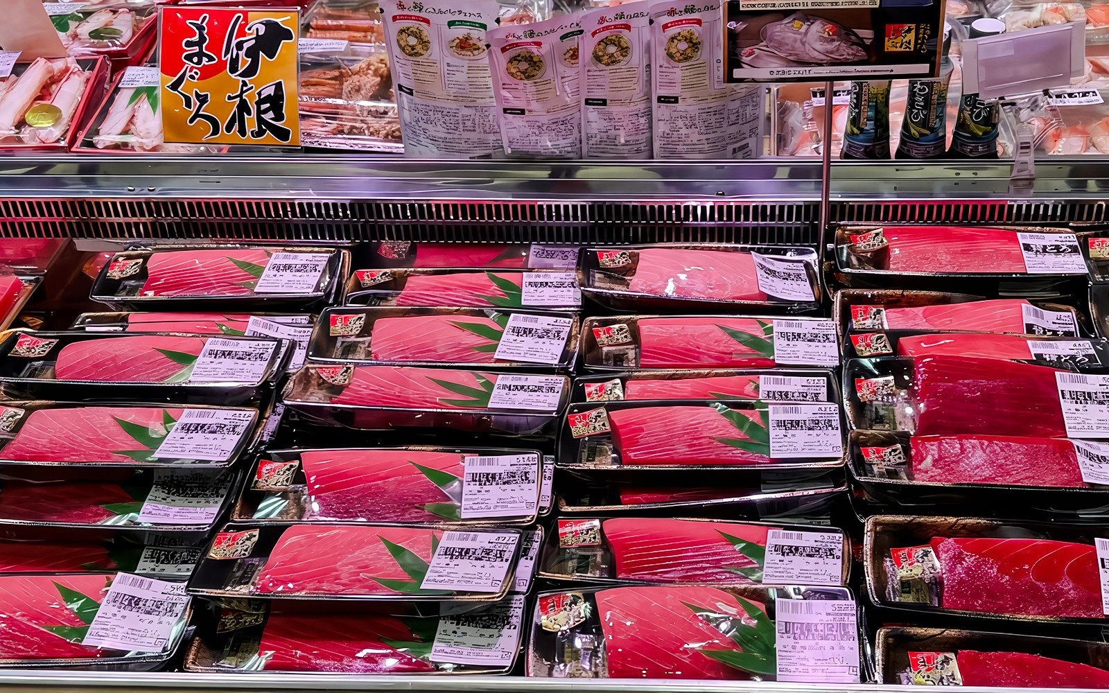 Packaged tuna displayed for sale in a Japanese supermarket.