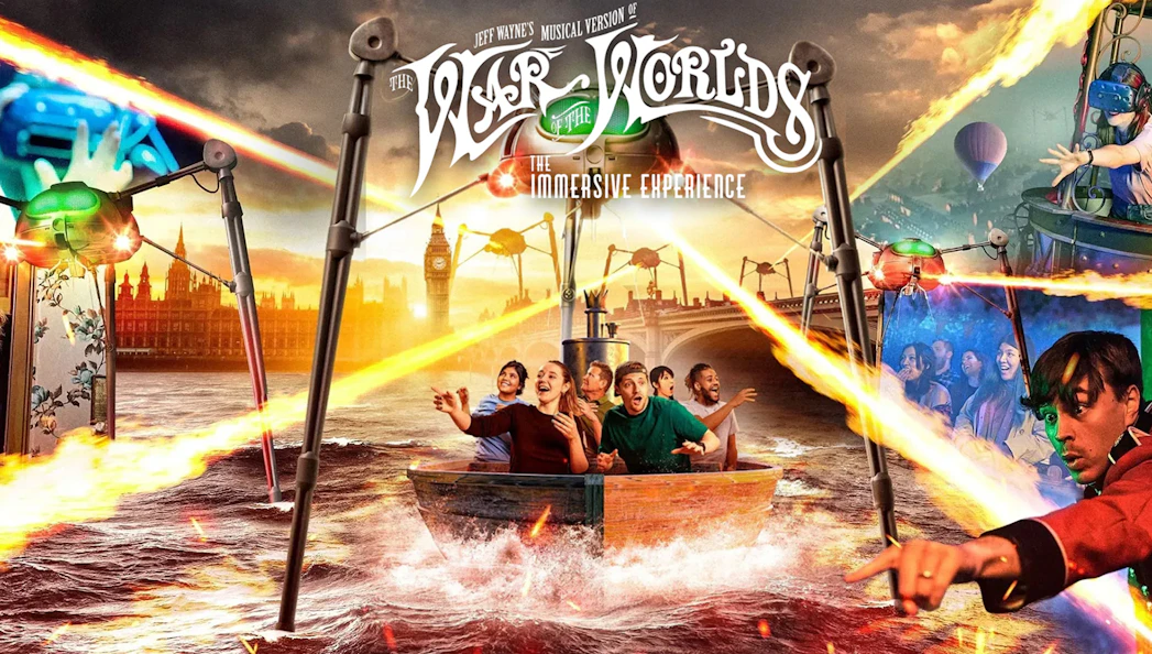 Visitors in a boat experience Jeff Wayne’s The War of The Worlds: The Immersive Experience with tripods and lasers.
