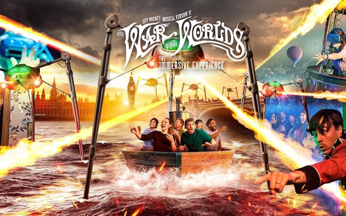 Visitors in a boat experience Jeff Wayne’s The War of The Worlds: The Immersive Experience with tripods and lasers.