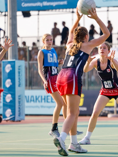 Women playing netball at Emirates Dubai 7s event.