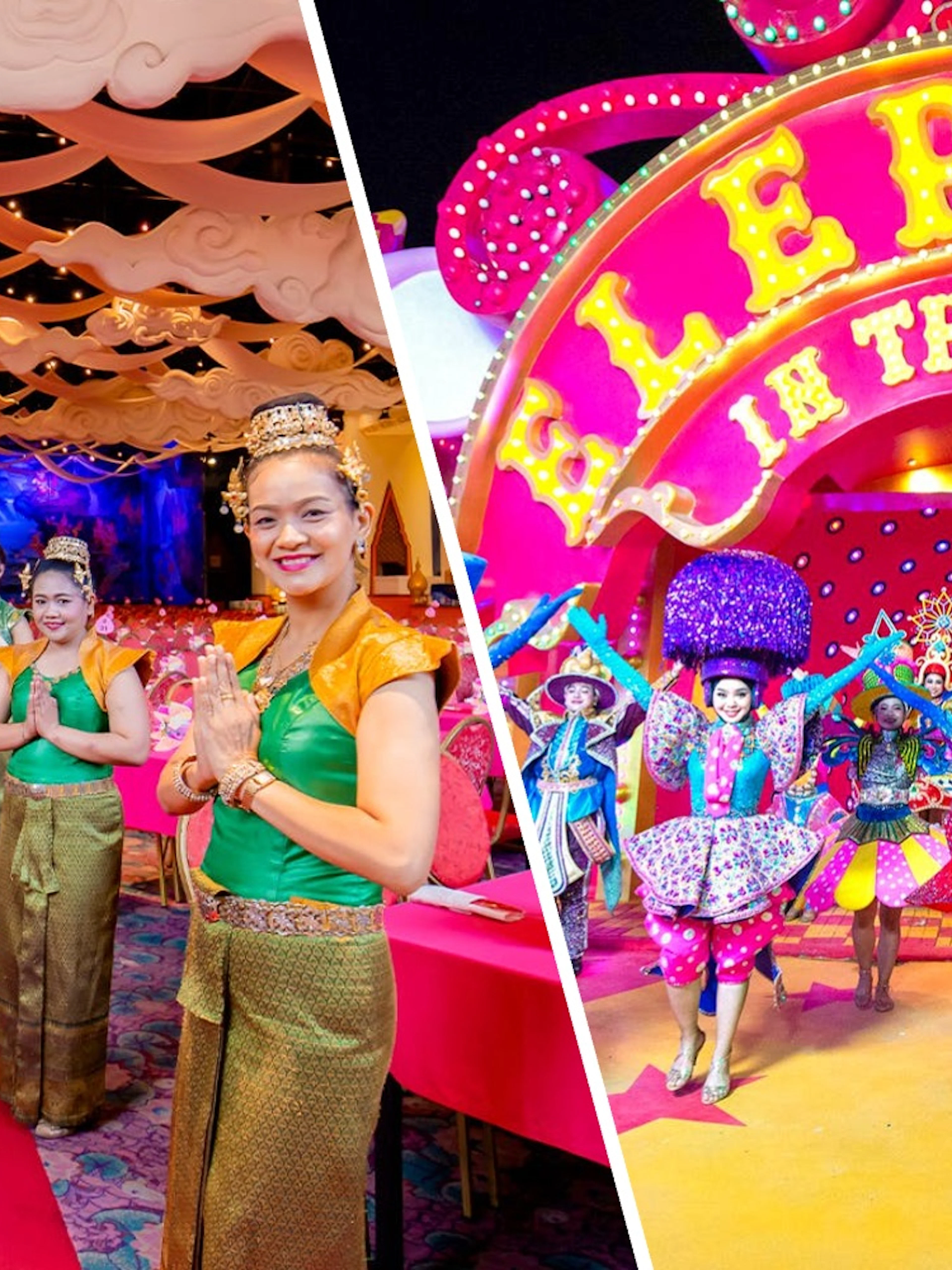 Staff welcoming guests at The Golden Kinnaree Buffet, Phuket Fantasea, and performers at Carnival Magic Park.