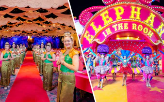 Staff welcoming guests at The Golden Kinnaree Buffet, Phuket Fantasea, and performers at Carnival Magic Park.