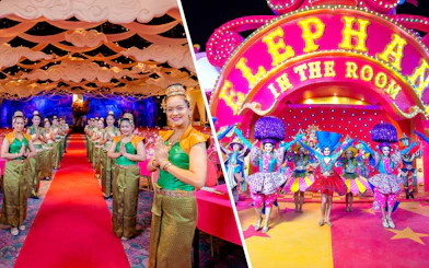 Staff welcoming guests at The Golden Kinnaree Buffet, Phuket Fantasea, and performers at Carnival Magic Park.