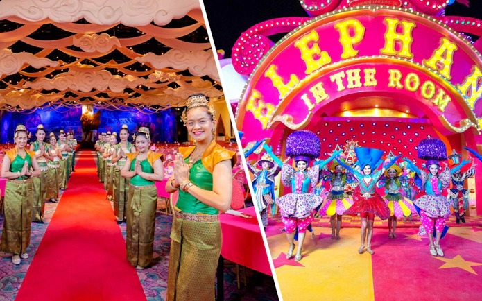 Staff welcoming guests at The Golden Kinnaree Buffet, Phuket Fantasea, and performers at Carnival Magic Park.