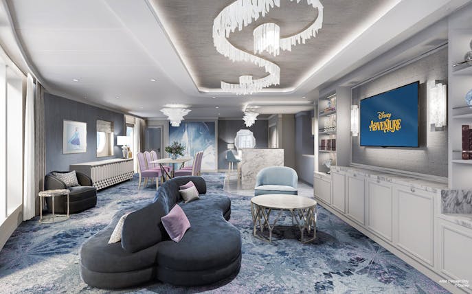 Concierge Royal Suite with oceanview verandah on Disney Adventure Cruise, featuring elegant seating and decor.