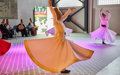 Whirling Dervishes performing traditional dance in Turkey with musicians in the background.