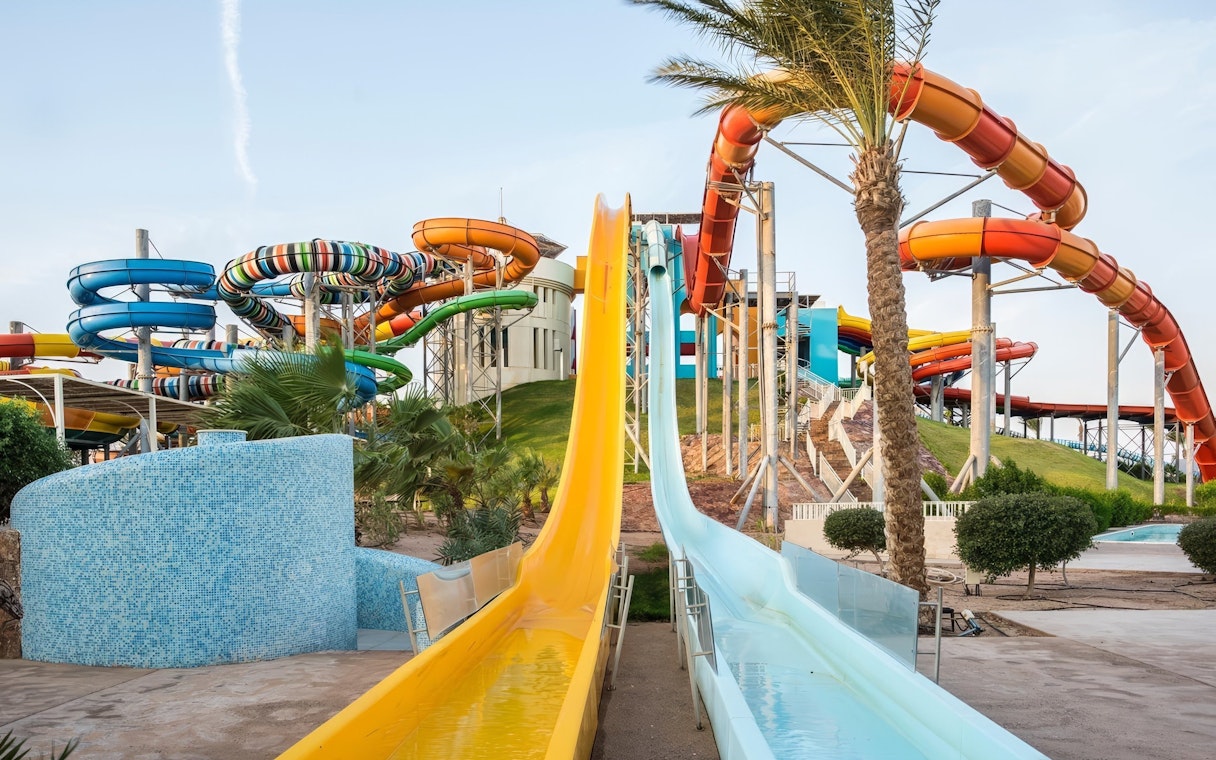 Colorful water slides at Makadi Water World, Hurghada.