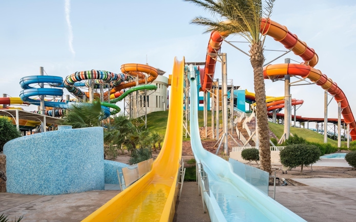 Colorful water slides at Makadi Water World, Hurghada.