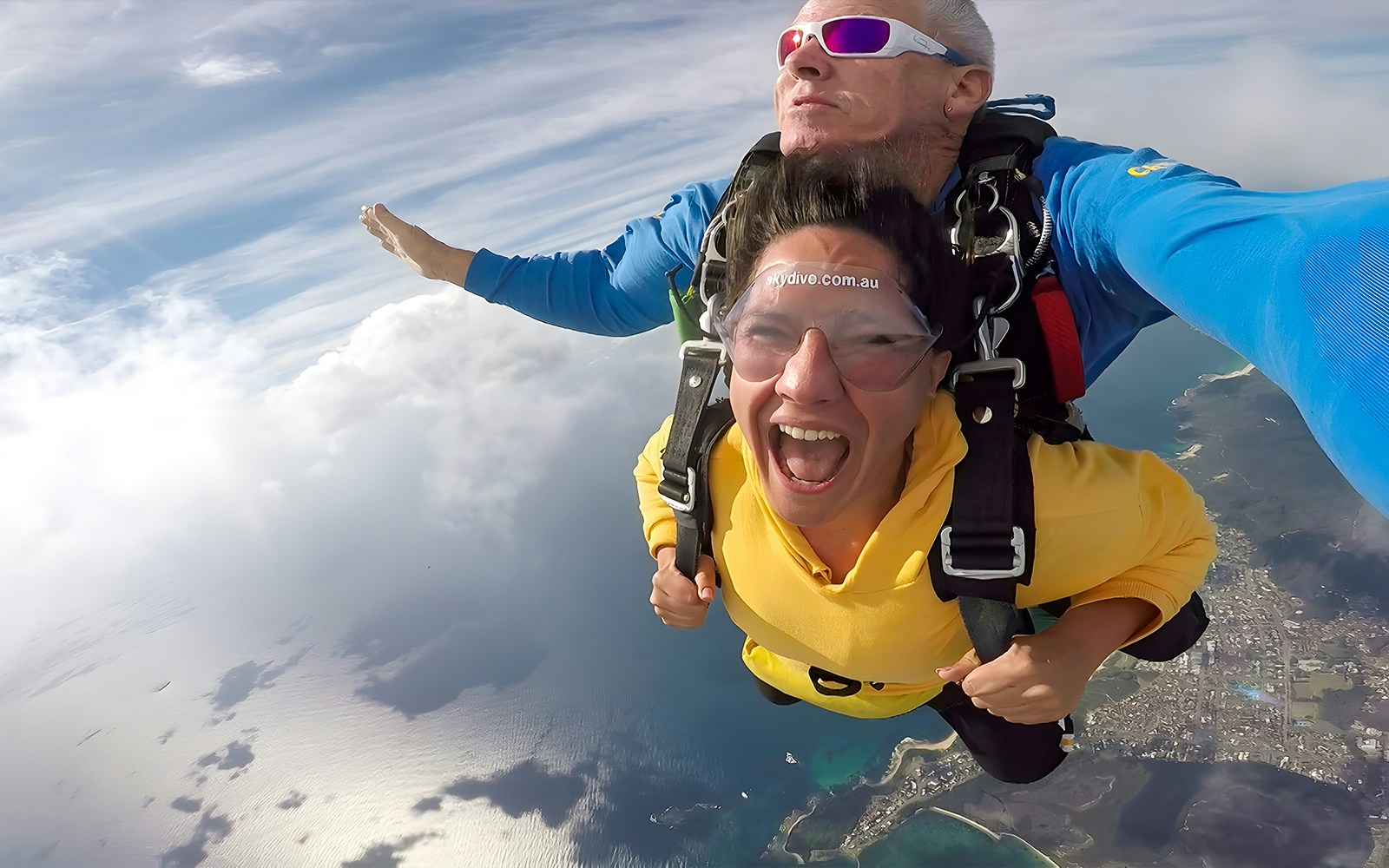 A tourist skydiving over Newcastle, Australia