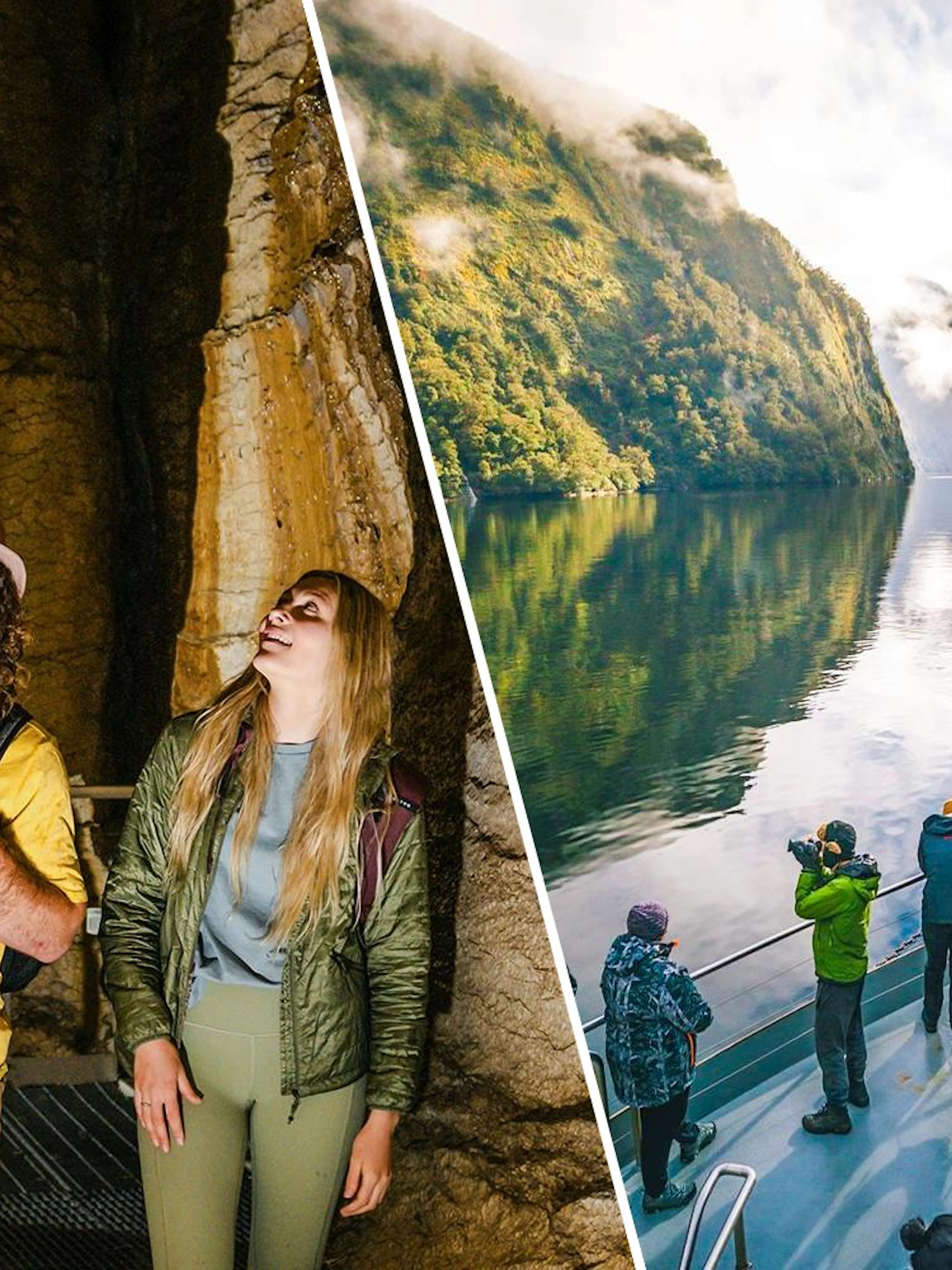 Tourists exploring Te Anau Glowworm Caves and cruising Doubtful Sound in New Zealand.