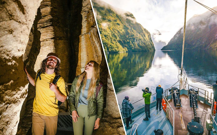 Tourists exploring Te Anau Glowworm Caves and cruising Doubtful Sound in New Zealand.