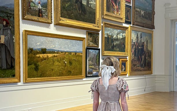 Visitor admiring paintings inside Galleria Arte Moderna Nazionale, Rome.