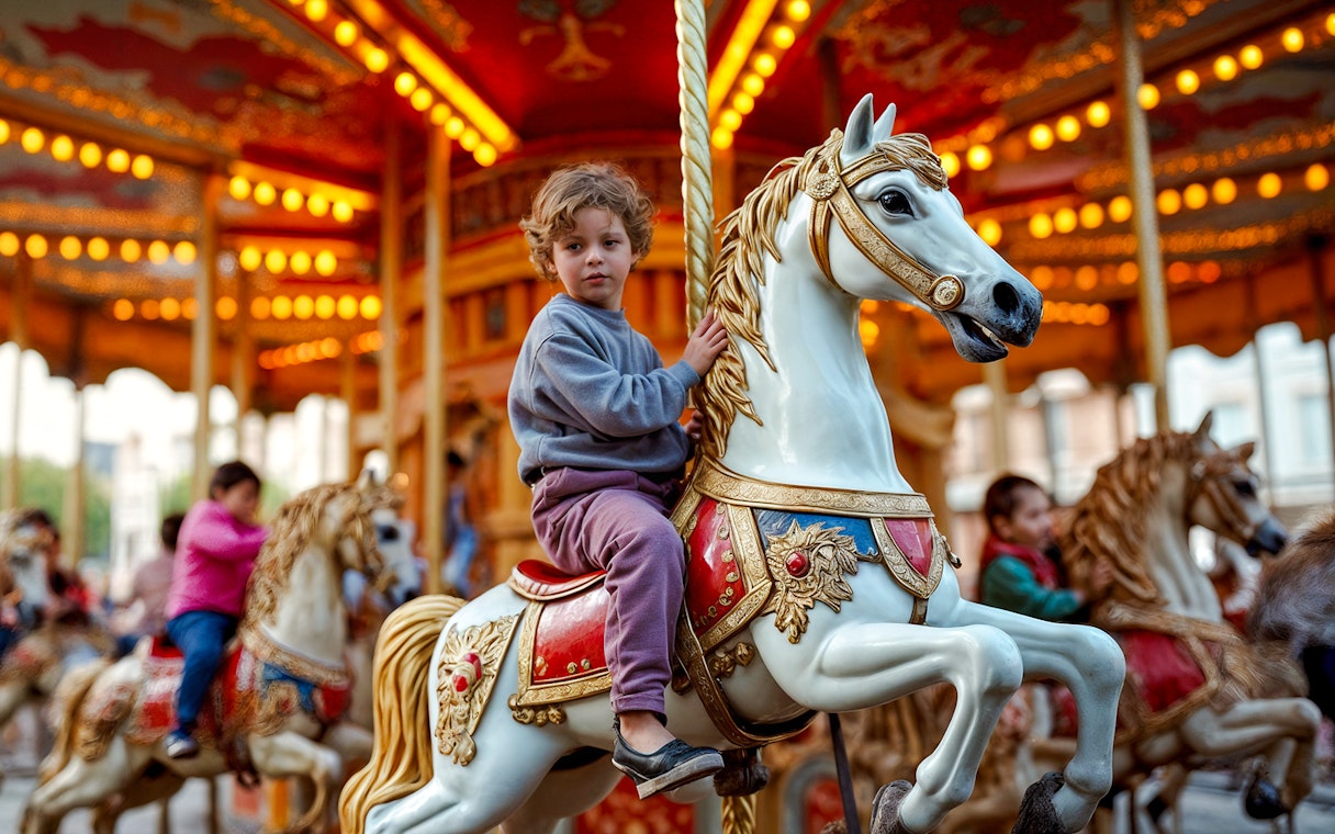 Children riding a carousel horse at Luna Park, Melbourne.