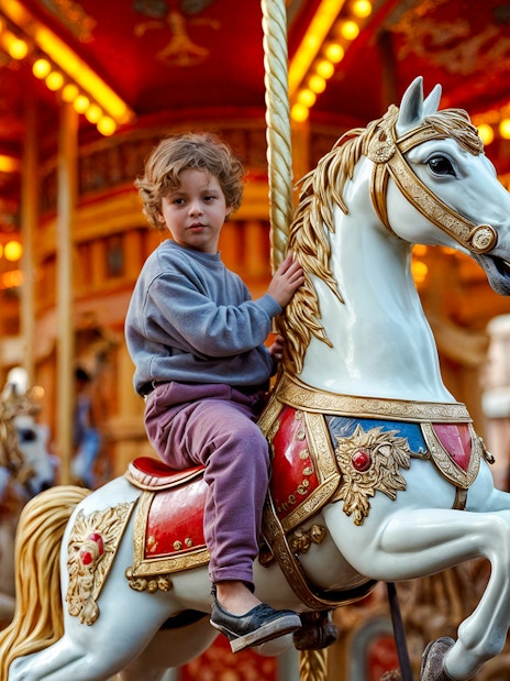 Children riding a carousel horse at Luna Park, Melbourne.