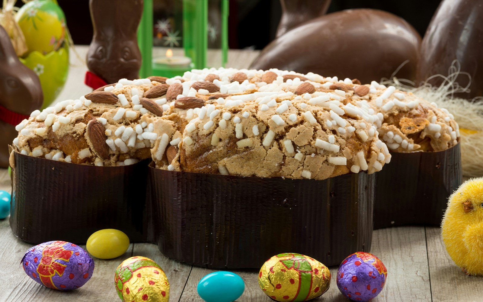 Colomba pasquale bread on display in Milan during Easter celebrations.