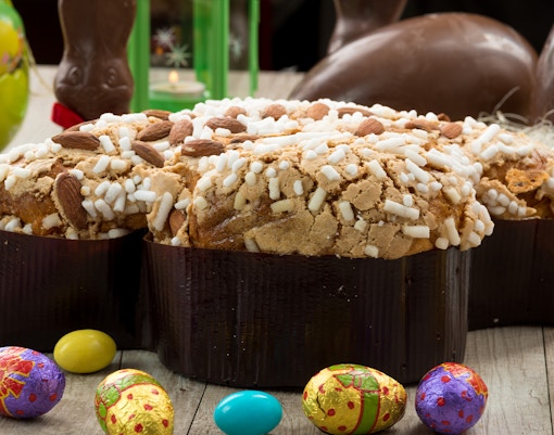 Colomba pasquale bread on display in Venice during Easter celebrations.