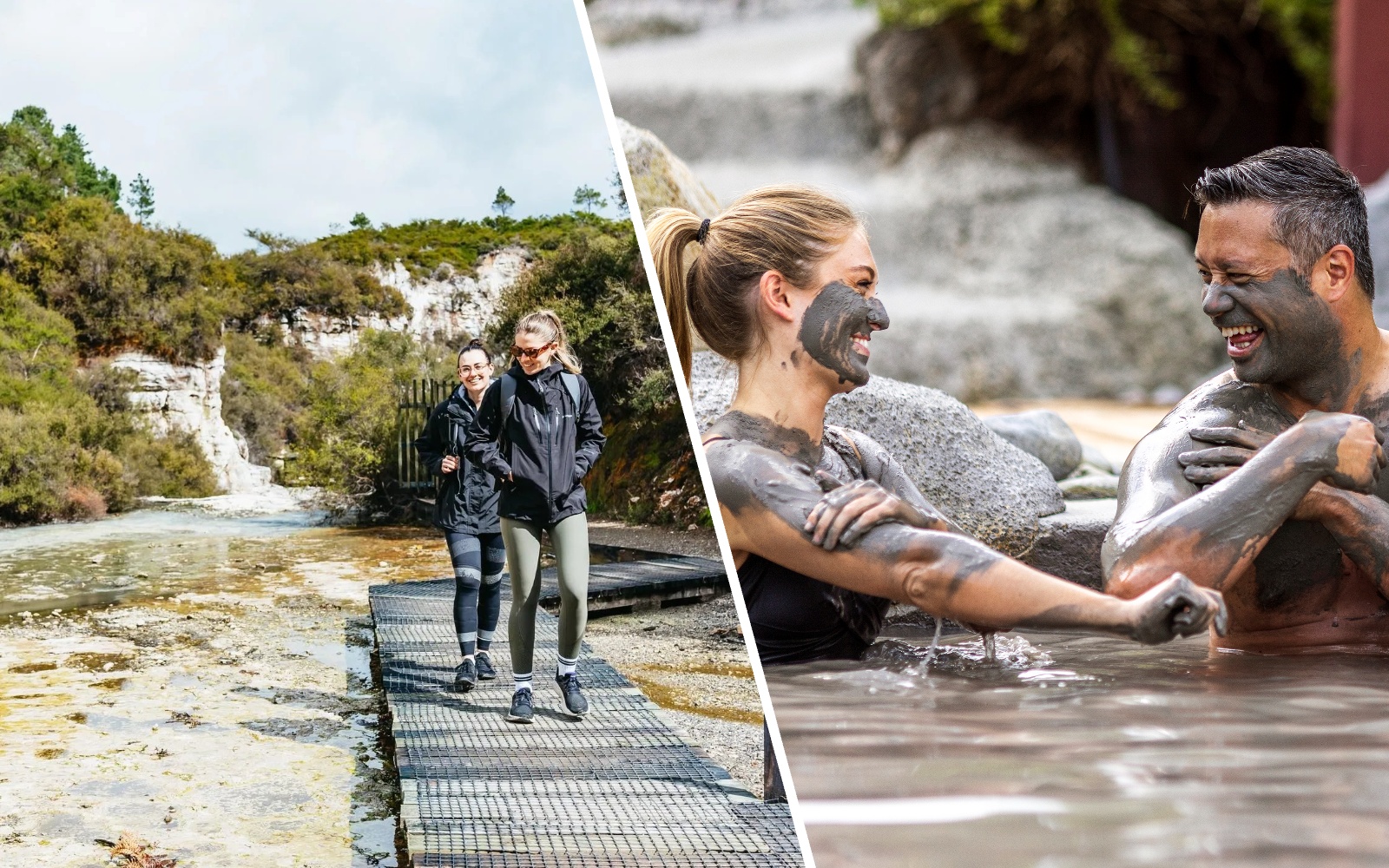 Visitors enjoying Wai-O-Tapu Thermal Wonderland and Hell's Gate mud bath experience.