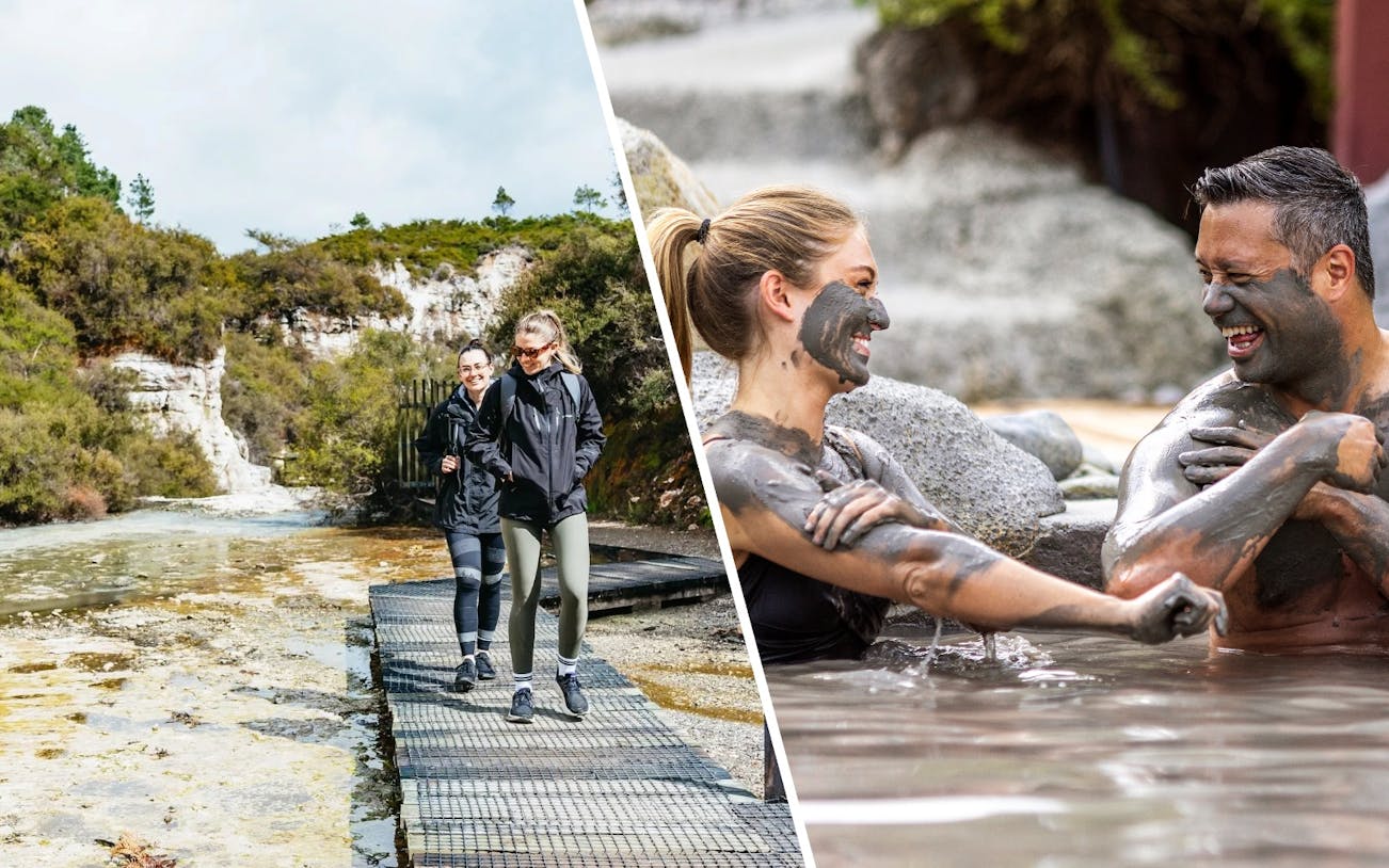 Visitors enjoying Wai-O-Tapu Thermal Wonderland and Hell's Gate mud bath experience.