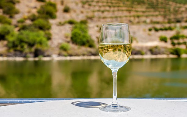 Glass of white wine on cruise boat deck with river and vineyard view.