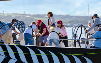 Participants sailing on Waitemata Harbour during America's Cup experience in Auckland.
