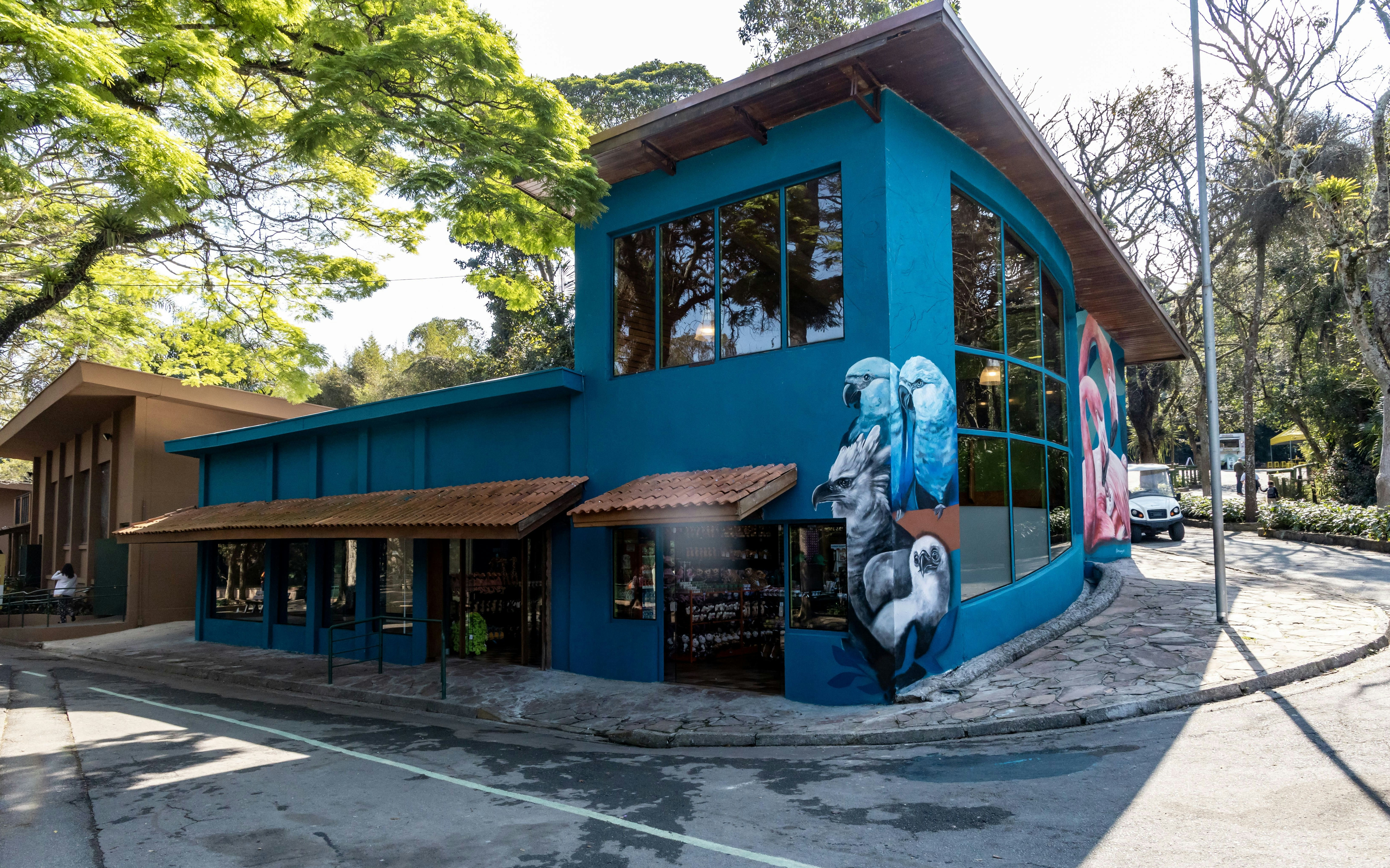 Bird murals on a blue building at the São Paulo Zoo bird's nest area.