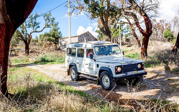 Jeep navigating a dirt path in Monchique Mountain during a tour.