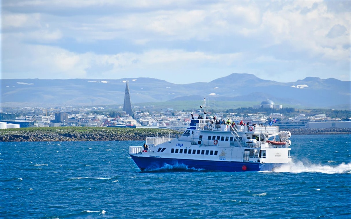 Boat on Whale Watching Tour from Akureyri with cityscape and mountains in background.