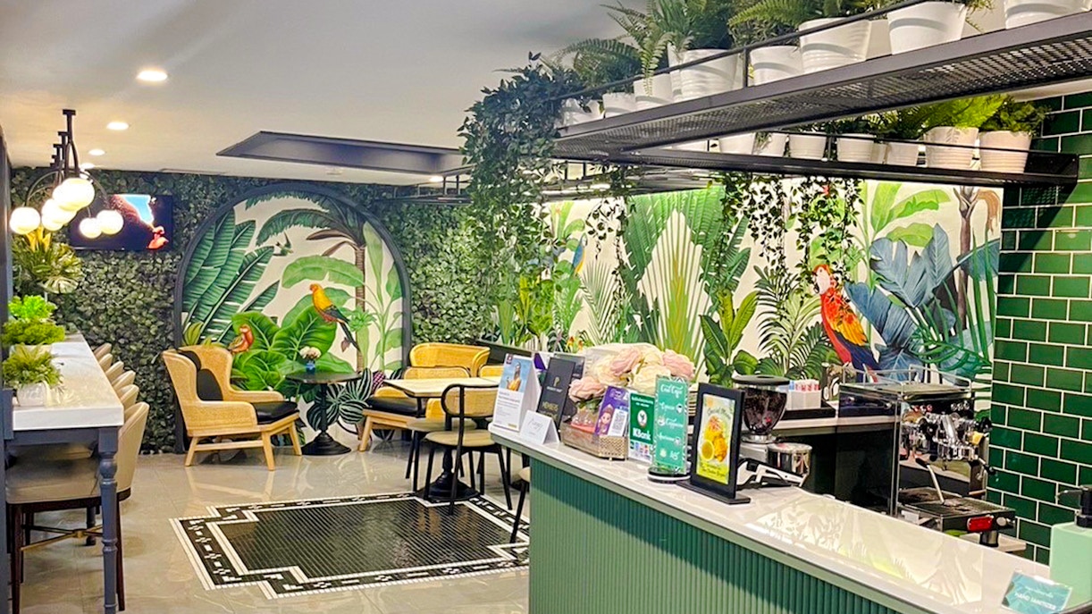 Forest-themed seating area at The Coral Executive Lounge, Bangkok Airport, Thailand.