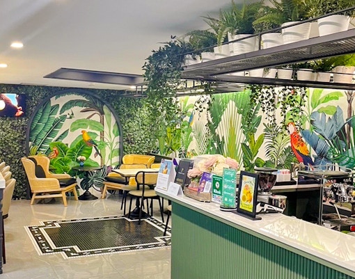 Forest-themed seating area at The Coral Executive Lounge, Bangkok Airport, Thailand.