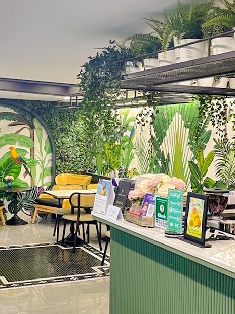 Forest-themed seating area at The Coral Executive Lounge, Bangkok Airport, Thailand.