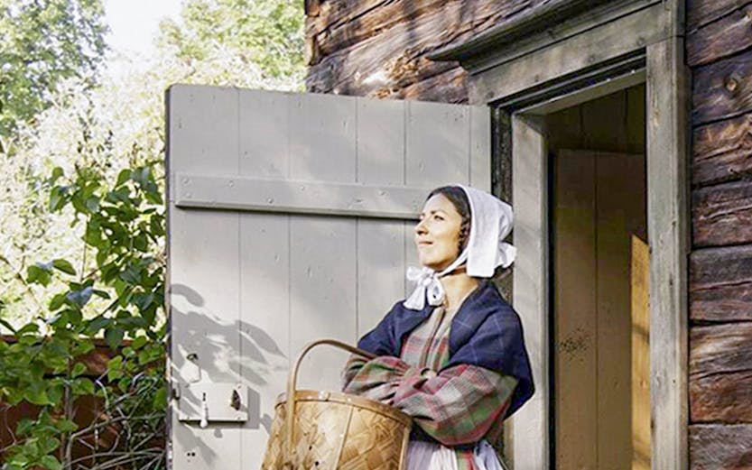 Woman in traditional attire holding a basket at Skansen Open Air Museum, Sweden.