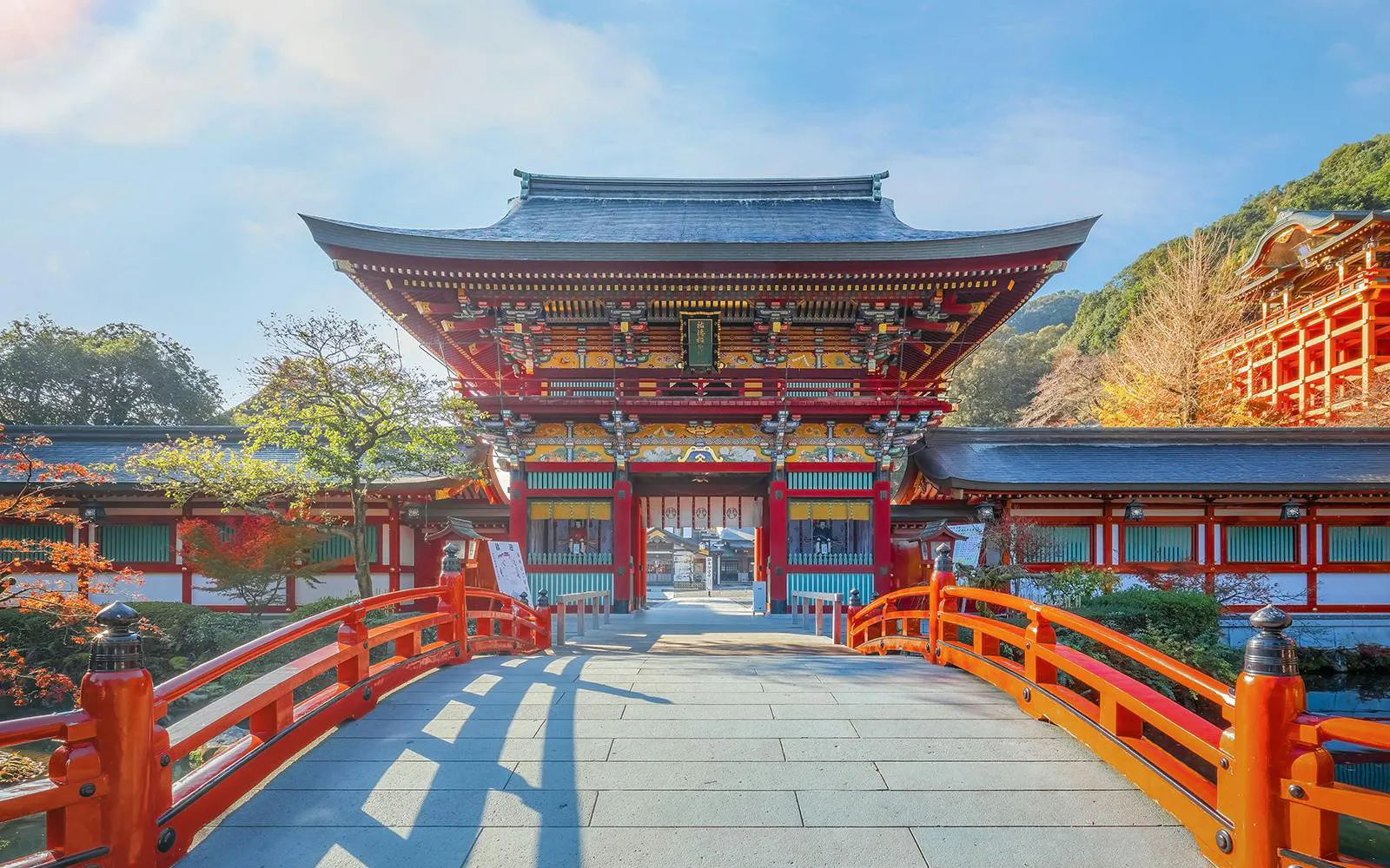 Yutoku Inari Shrine entrance with red bridge in Kashima City, Saga Prefecture, Japan.