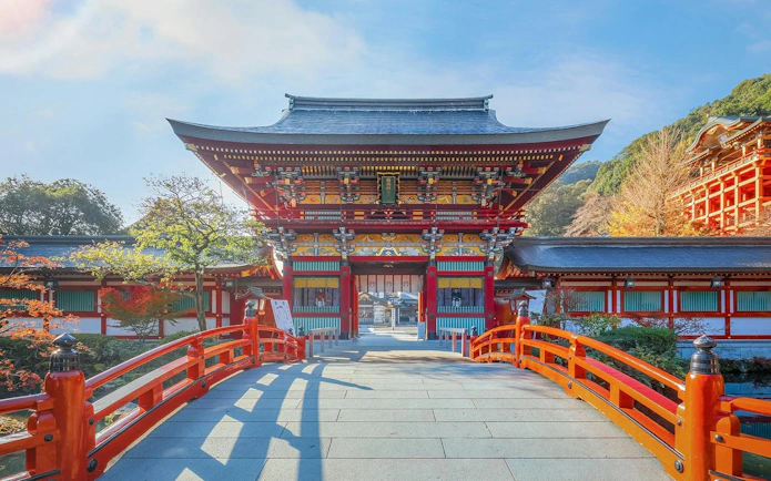 Yutoku Inari Shrine entrance with red bridge in Kashima City, Saga Prefecture, Japan.