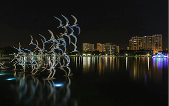 Night view of Lake Eola with illuminated bird sculpture and city skyline, Orlando.