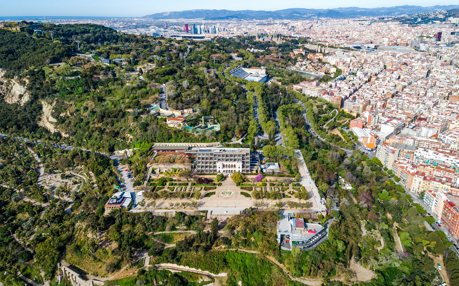 Aerial view of Miramar viewpoint on Montjuic hill overlooking Barcelona, Spain.