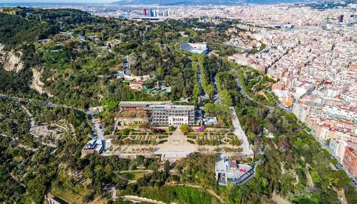 Miramar viewpoint overlooking Barcelona cityscape from Montjuic hill, Spain.