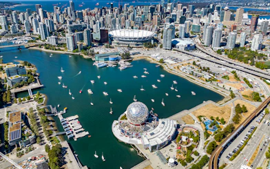 Aerial view of Science World and False Creek from Vancouver Panorama Scenic Seaplane Tour.