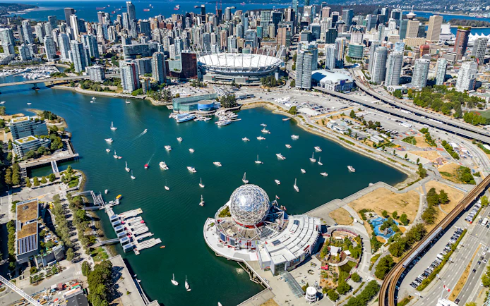 Aerial view of Science World and False Creek from Vancouver Panorama Scenic Seaplane Tour.
