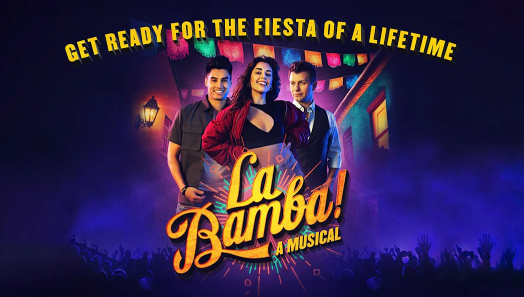 La Bamba musical poster with performers and festive background.
