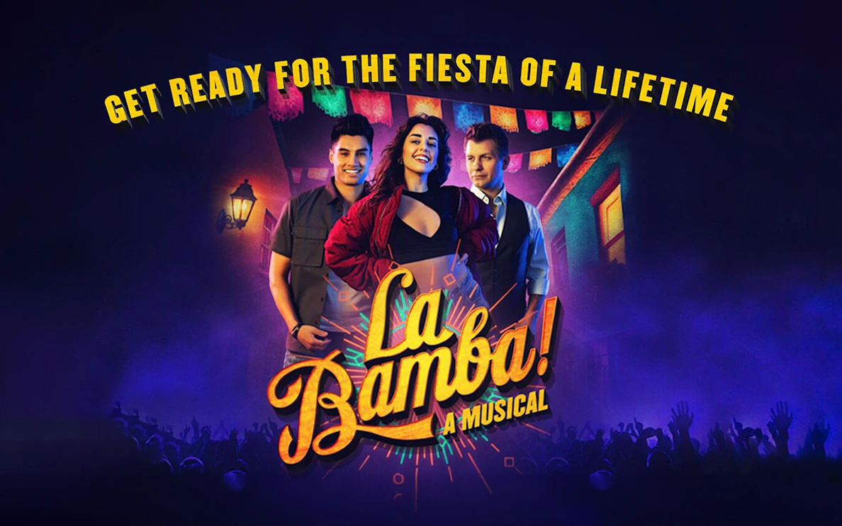 La Bamba musical poster with performers and festive background.