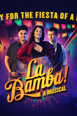La Bamba musical poster with performers and festive background.