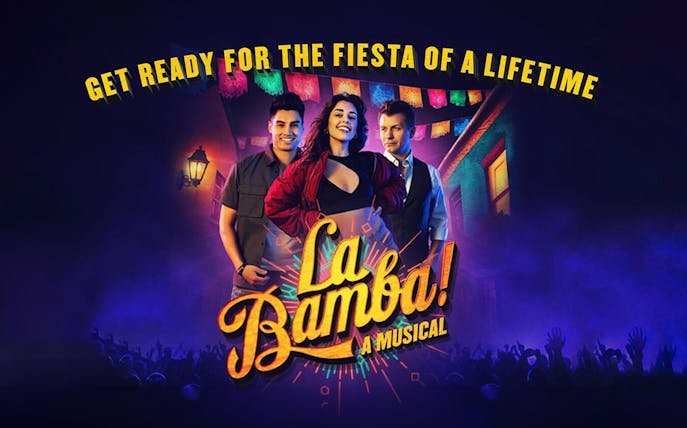 La Bamba musical poster with performers and festive background.