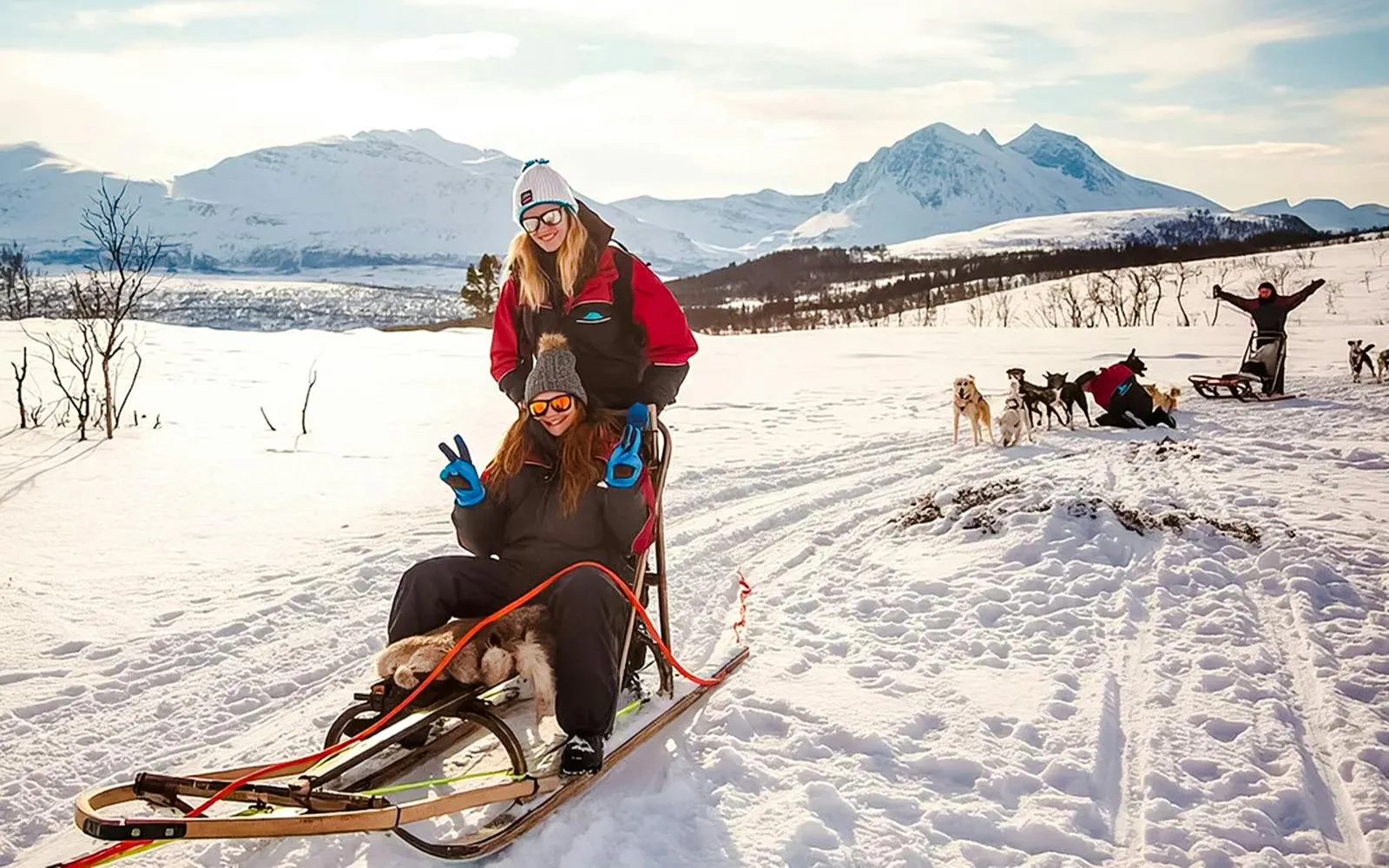 Guests enjoying husky sledding tour in snowy Tromso landscape.