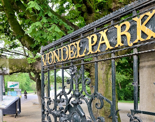 Vondelpark entrance gate in Amsterdam, part of a self-guided walking tour.
