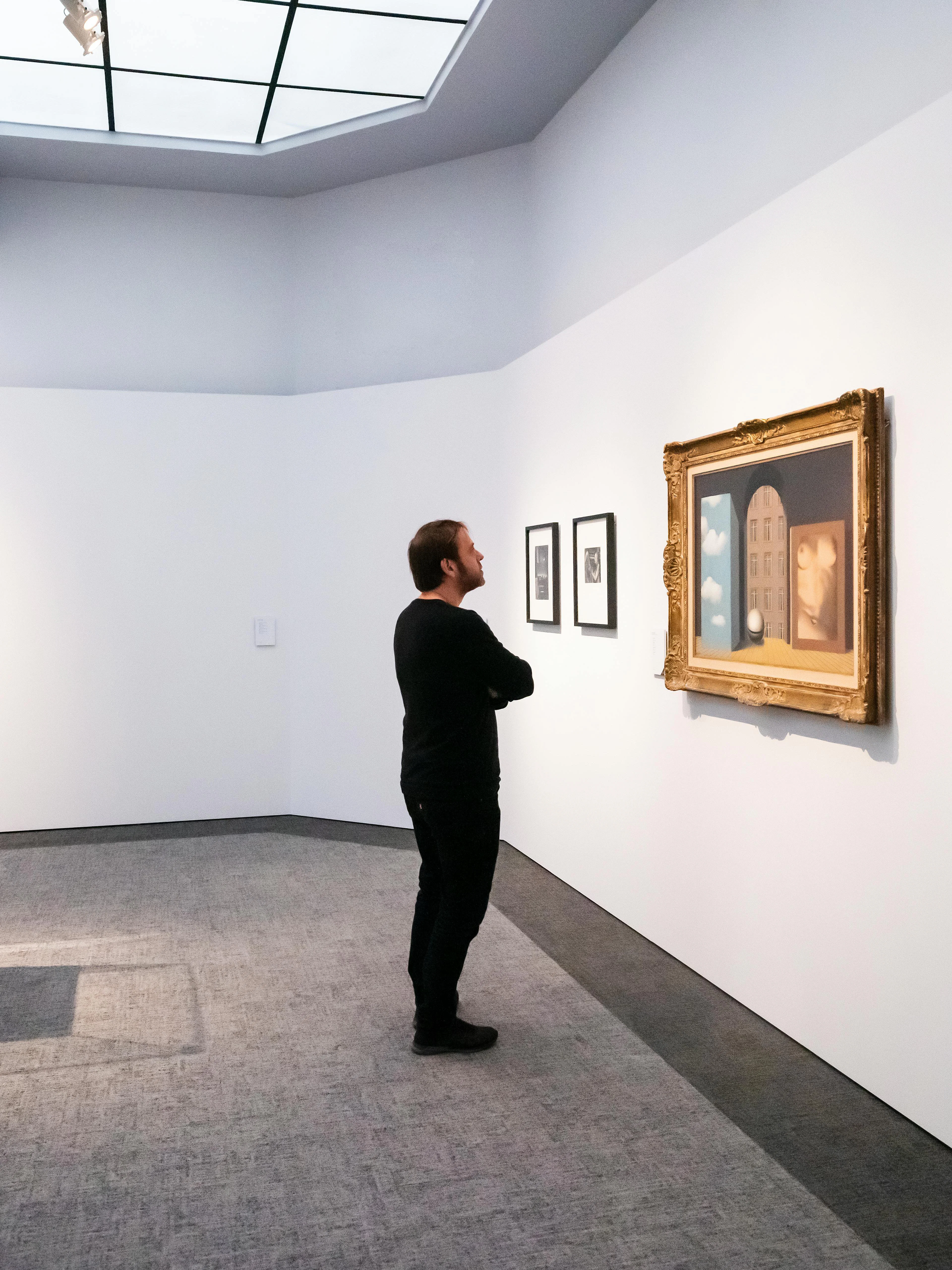 Visitor viewing art at Groeningemuseum, Bruges, featuring modern and classic paintings.