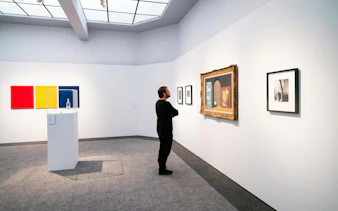 Visitor viewing art at Groeningemuseum, Bruges, featuring modern and classic paintings.