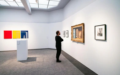 Visitor viewing art at Groeningemuseum, Bruges, featuring modern and classic paintings.