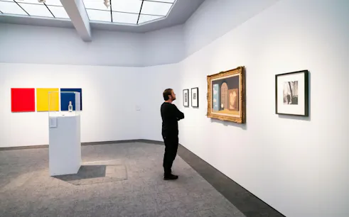 Visitor viewing art at Groeningemuseum, Bruges, featuring modern and classic paintings.